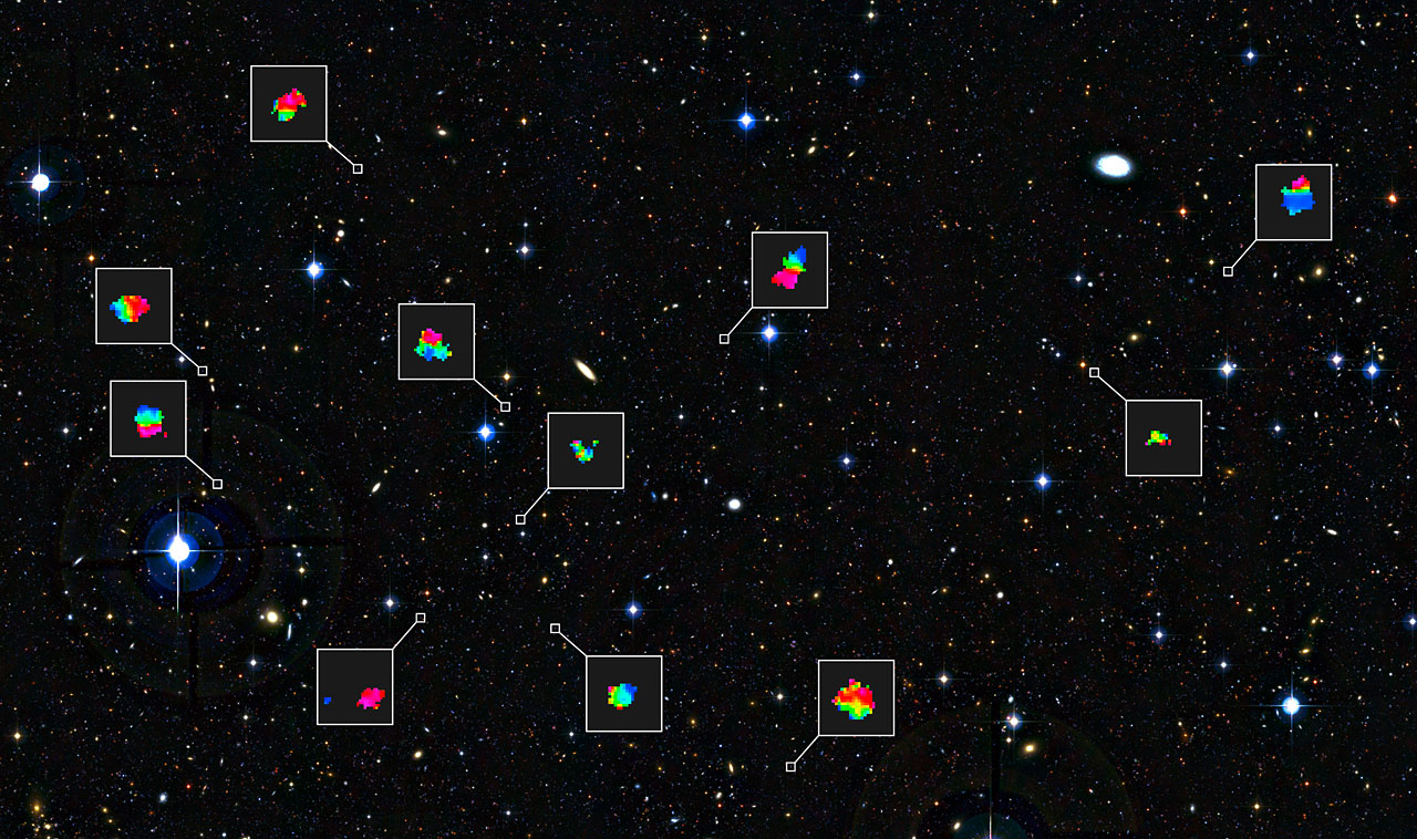 Cette vue profonde d'un petit pan de ciel dans la constellation de la Baleine (Cetus) montre une sélection de galaxies utilisée dans le cadre d'une nouvelle étude portant sur les comportements alimentaires des jeunes galaxies, alors en pleine croissance au rythme du temps cosmique. Chaque des taches minuscules correspond à une galaxie telle qu'elle était entre 3 et 5 milliards d'années après le Big Bang. Chacune de ces galaxies a fait l'objet d'une étude détaillée à l'aide du VLT de l'ESO et de l'instrument Sinfoni. Les cartes de couleur montrent les mouvements du gaz dans les galaxies. Le bleu indique que le gaz se déplace vers nous, comparé à la galaxie dans son ensemble, et le rouge indique que le gaz s'éloigne de nous. Ces couleurs permettent aux astronomes de voir si les galaxies tournent comme un disque ou si elles ont d'autres comportements. © ESO/CFHT