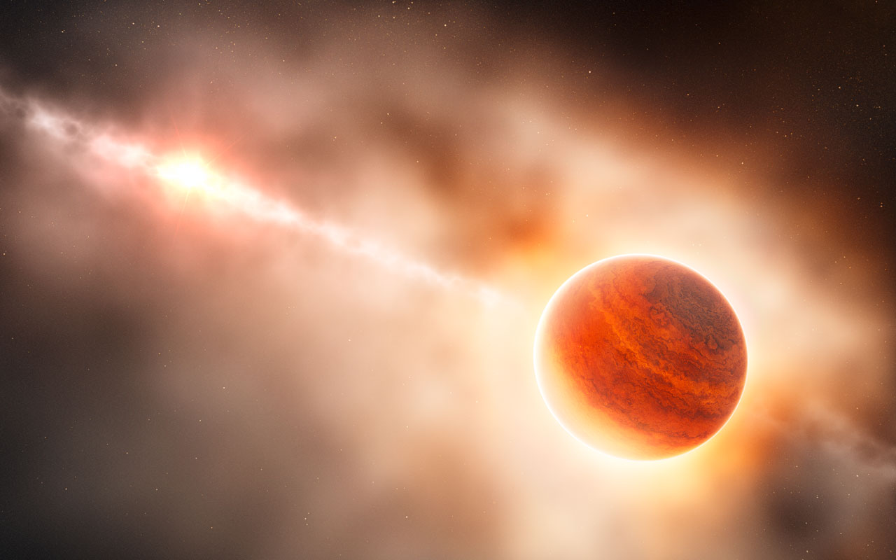 Cette vue d'artiste montre la formation d'une planète géante gazeuse dans le disque de poussière autour de la jeune étoile HD 100546. On pense que dans ce système, une autre grosse planète est en orbite autour de l'étoile, mais à une plus petite distance de celle-ci. L'objet qui vient d'être découvert se trouve environ 70 fois plus loin de son étoile que la Terre l'est du Soleil. Cette protoplanète est entourée par un épais nuage de matière de telle sorte que vue depuis cette position, son étoile est pratiquement invisible et de couleur rouge à cause de la diffusion de la lumière par la poussière. © L. Calçada, ESO