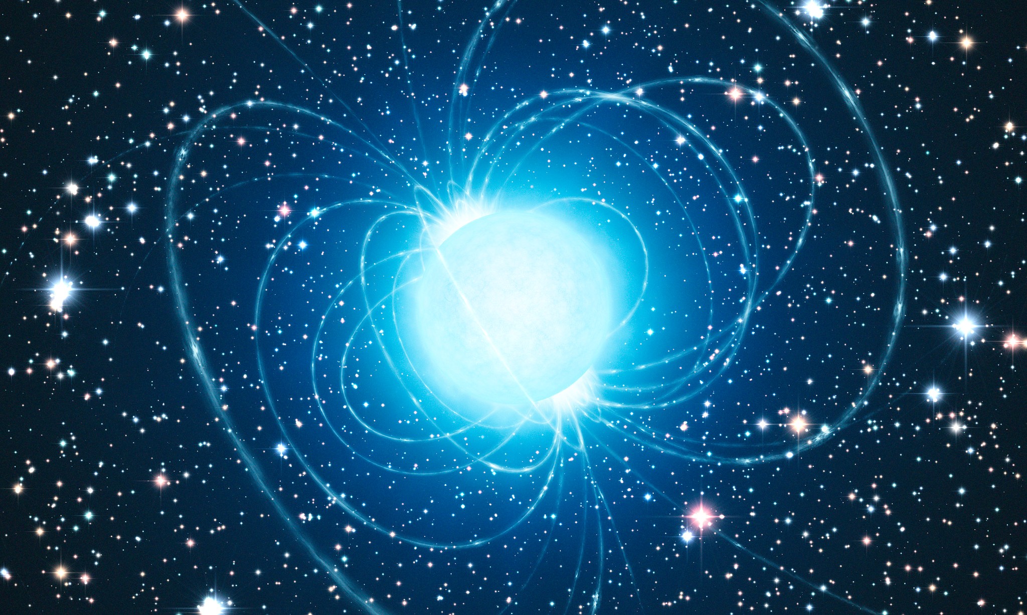 Une image d'artiste montrant les lignes de champs magnétiques d'une étoile à neutrons supposée être RX J1856.5-3754. Cet objet fait partie intégrante d’un ensemble d’étoiles à neutrons baptisé Les Sept Magnifiques. Ce sont des étoiles à neutrons isolées (INS), dépourvues de tout compagnon stellaire, qui n’émettent aucun rayonnement radio (à la différence des pulsars) et ne sont pas environnées de matière issue d’une supernova. © ESO, L. Calçada 