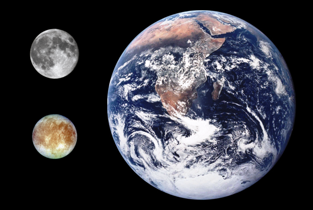 Une comparaison des tailles de la Lune, de la Terre et d'une lune de Jupiter, Europe. © Nasa-CWitte-Wikipédia