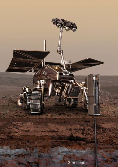 ExoMars au sol, la "taupe" en action (vue d'artiste). Crédit ESA.
