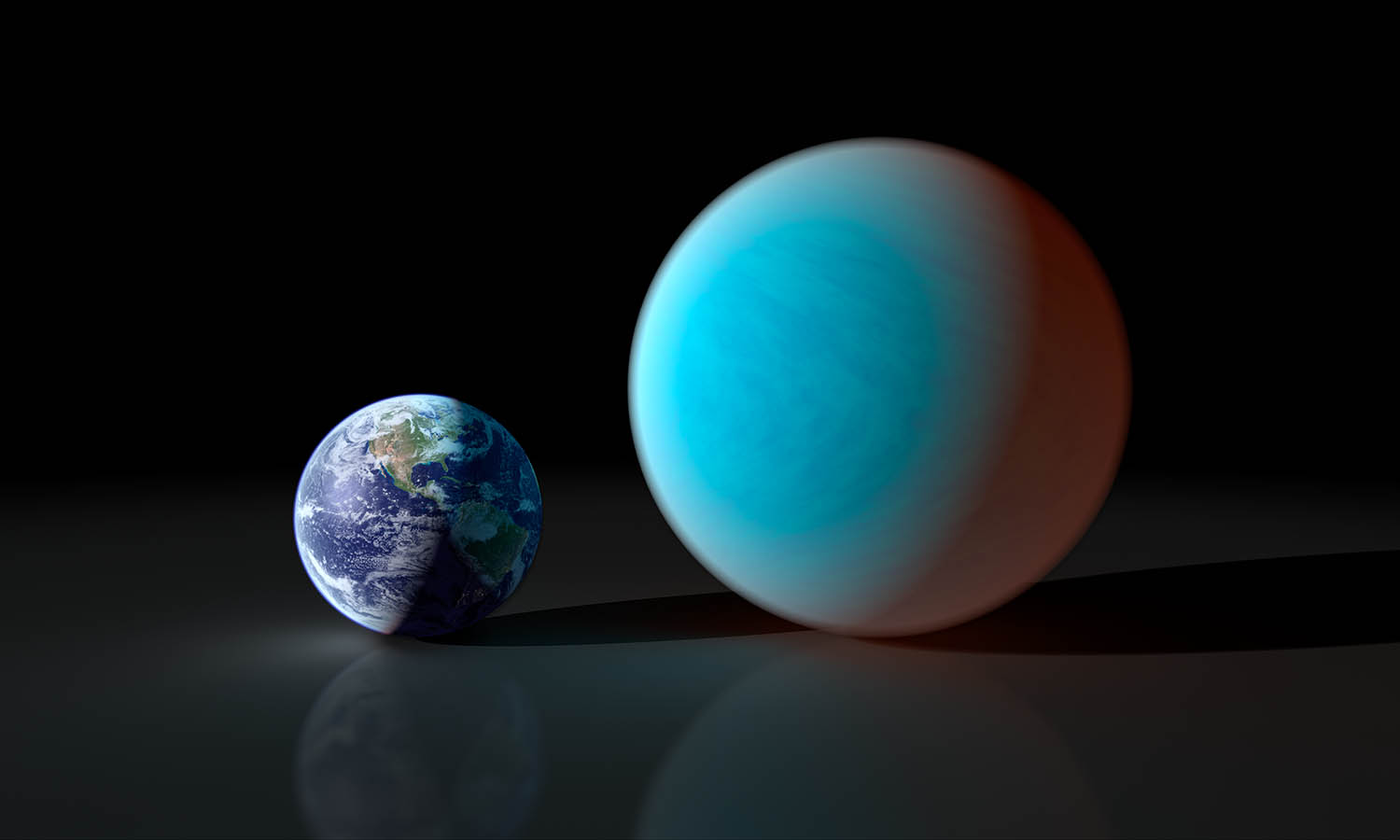 Une vue d'artiste comparant la taille et l'aspect de la Terre et de 55 Cancri e© Nasa/JPL-Caltech/R. Hurt (SSC)