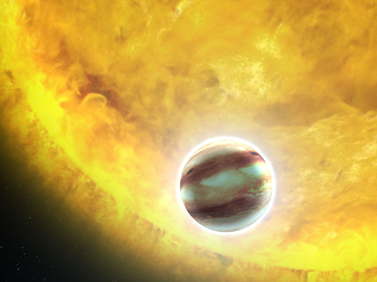 Une vue d'artiste du transit de l'exoplanète HAT-P-7b située à environ 1.044 années-lumière de la Terre. Son diamètre est estimé à 1,4 fois celui de Jupiter. © Nasa, Esa et G. Bacon (STScI)