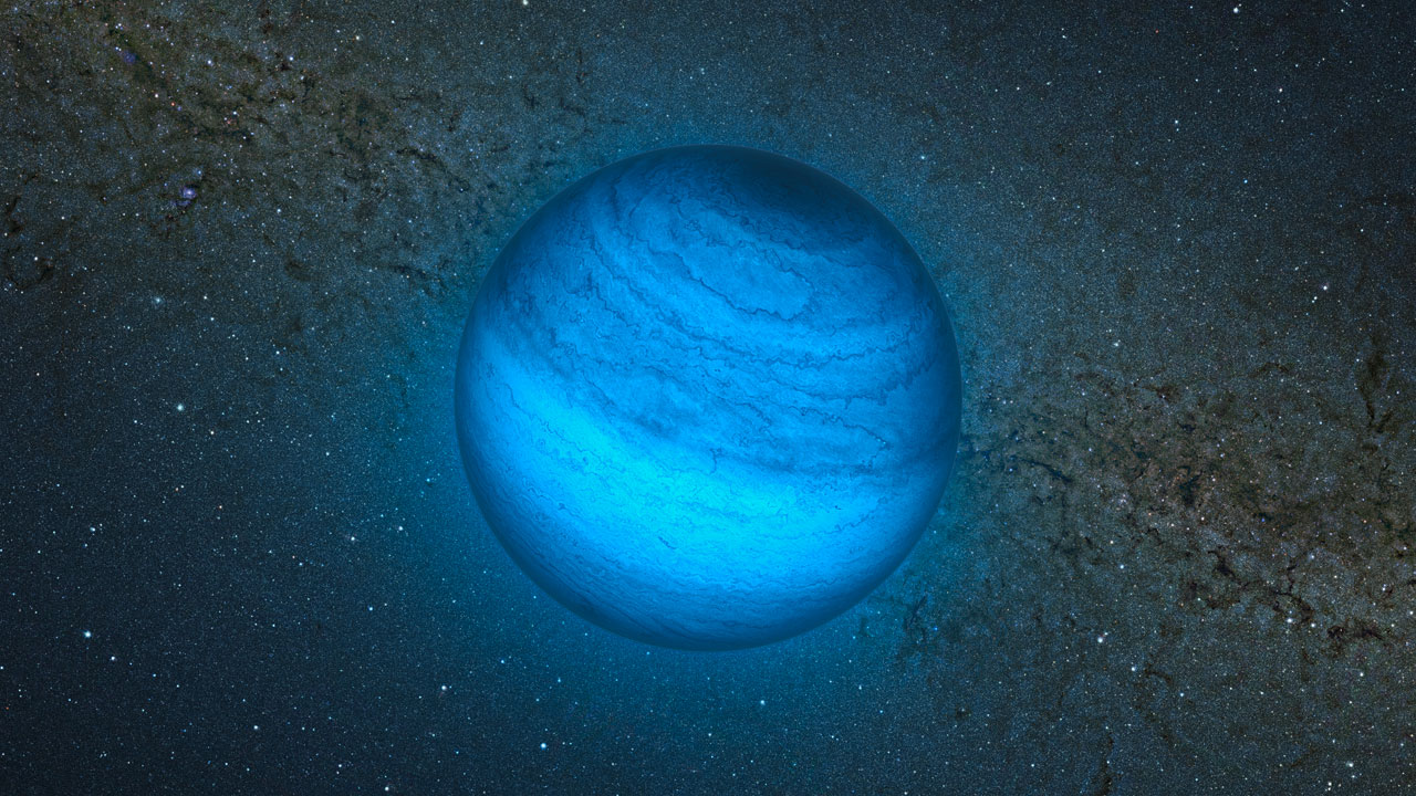 Cette vue d'artiste montre la planète errante CFBDSIR J214947.2-040308.9. C'est&nbsp;l'objet de ce type le plus proche du Système Solaire. © ESO/L. Calçada/P. Delorme/Nick Risinger/R. Saito/VVV Consortium