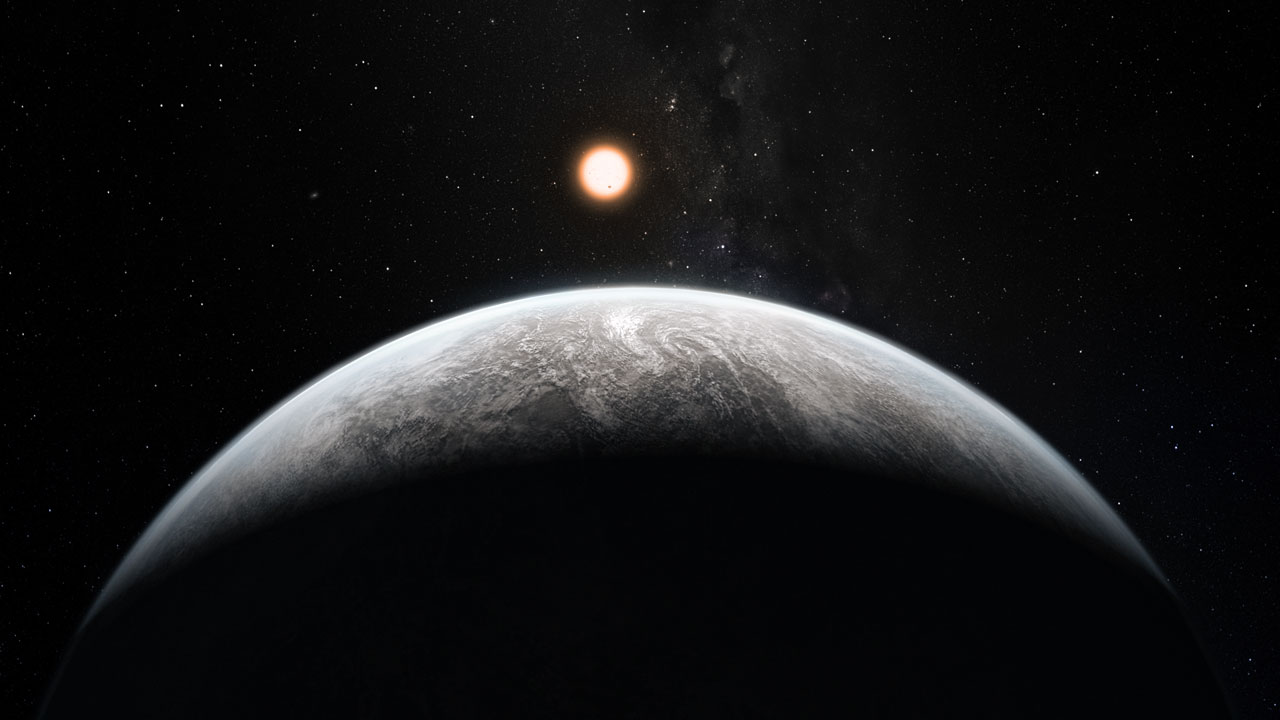 Cette image d'artiste montre une planète en orbite autour d'une semblable au Soleil, HD-85 512, dans la constellation australe de Vela (Les Voiles). Cette planète est l'une des seize superTerres découvertes par l'instrument Harps équipant le télescope de 3,6 mètres à l'Observatoire de l'ESO à La Silla. Cette planète est environ 3,6 fois plus massive que la Terre et se trouve en bordure de la zone habitable autour de l'étoile, où l'eau liquide, et peut-être même la vie, pourraient exister. © ESO-M Kornmesser