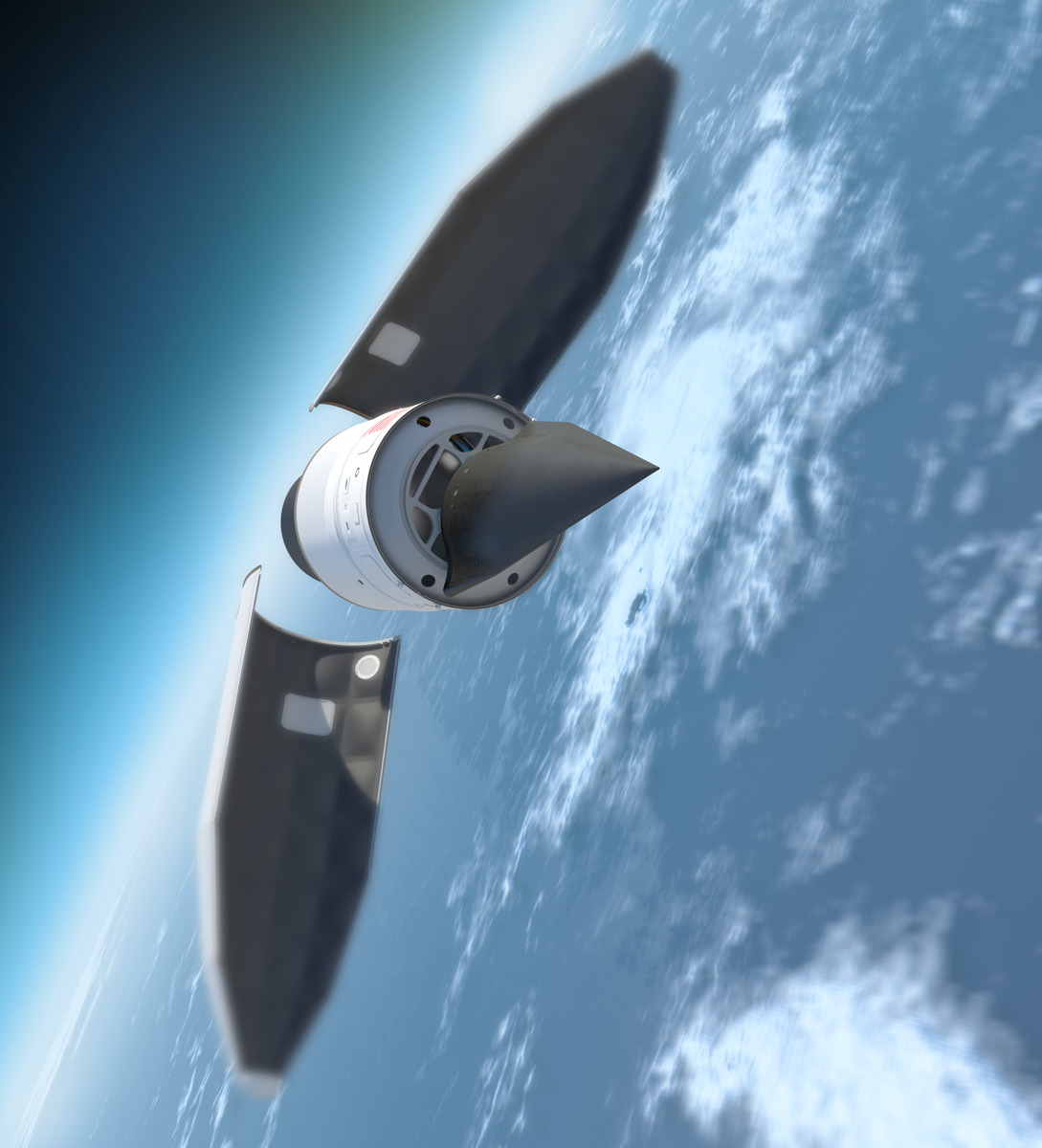 Le Falcon HTV (vue d'artiste), reconnaissable à sa forme triangulaire et à sa couleur noire, fixé sur le dernier étage de la fusée Minotaur IV, au moment où la coiffe se détache. © DR