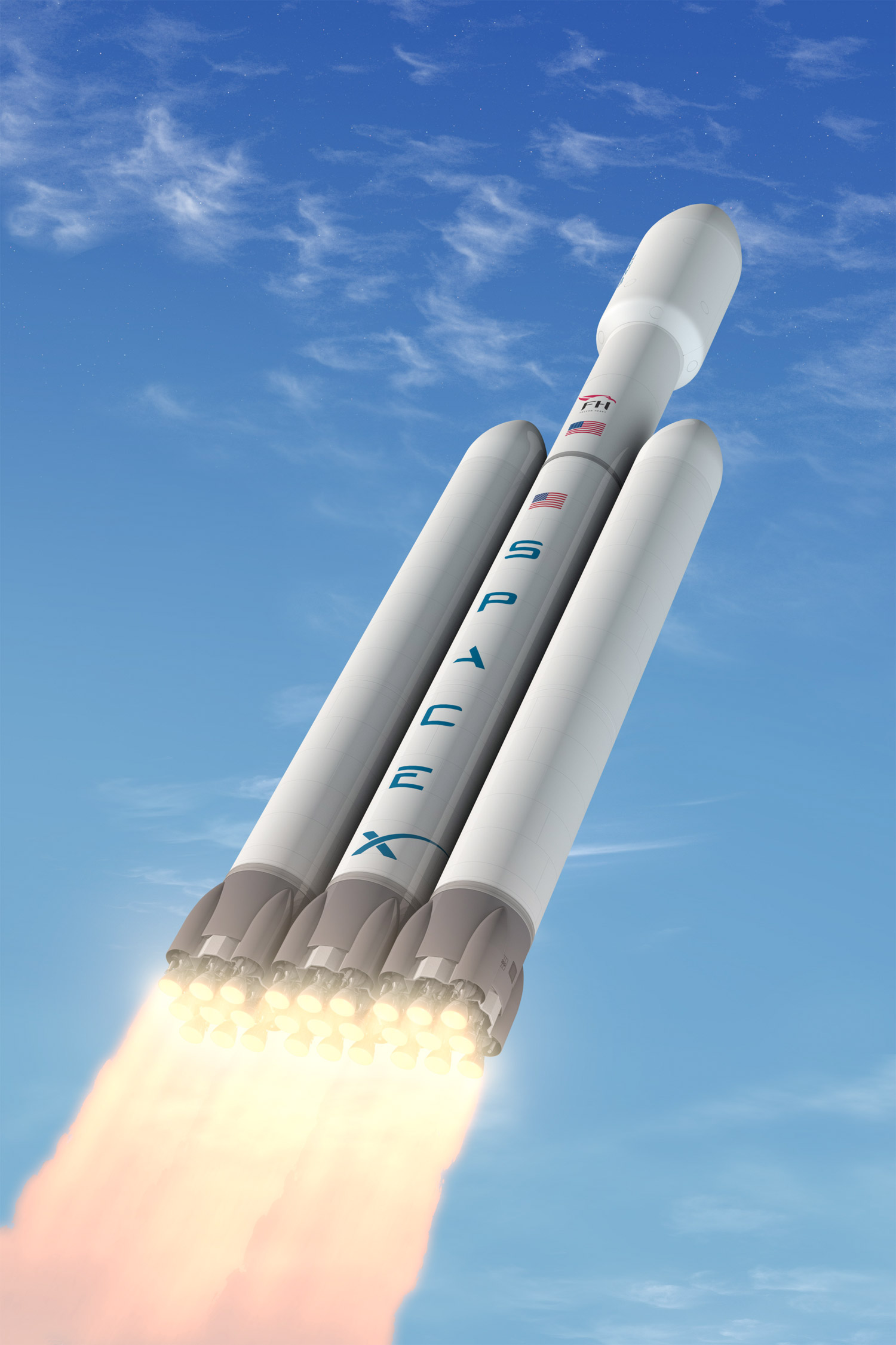 D'une hauteur de 69,2 mètres pour un poids total de 1.400 tonnes au lancement, le Falcon Heavy est un lanceur en ligne à deux étages doté d'une coiffe de 5,2 mètres de diamètre. Au décollage, il développera une poussée totale de 1.700 tonnes. © SpaceX