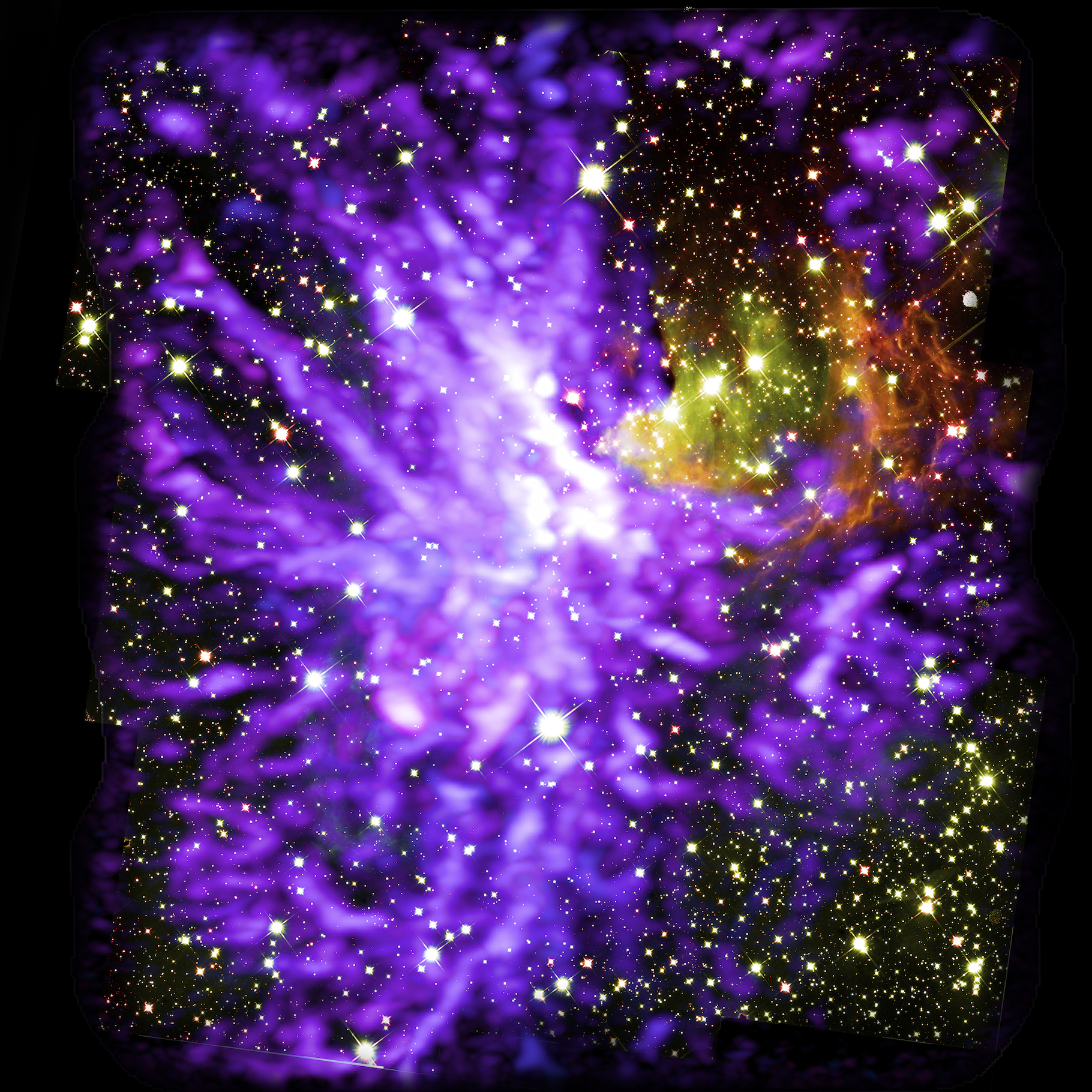 Sur cette image, des étoiles à différents stades de leur formation au cœur d’un même amas. Un véritable feu d’artifice stellaire qui peut durer au moins un million d’années. © Alma (ESO/NAOJ/NRAO), Y. Cheng et al. ; NRAO/AUI/NSF, S. Dagnello ; Nasa/ESA Hubble