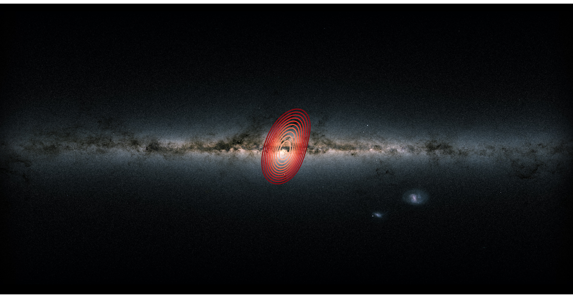 La Voie lactée telle que l’on peut la voir depuis la Terre. Les anneaux colorés montrent l’étendue approximative des étoiles issues d’une galaxie fossile que les astronomes ont baptisée Héraclès. © Danny Horta-Darrington, Université John Moores de Liverpool, ESA, Gaia et SDSS