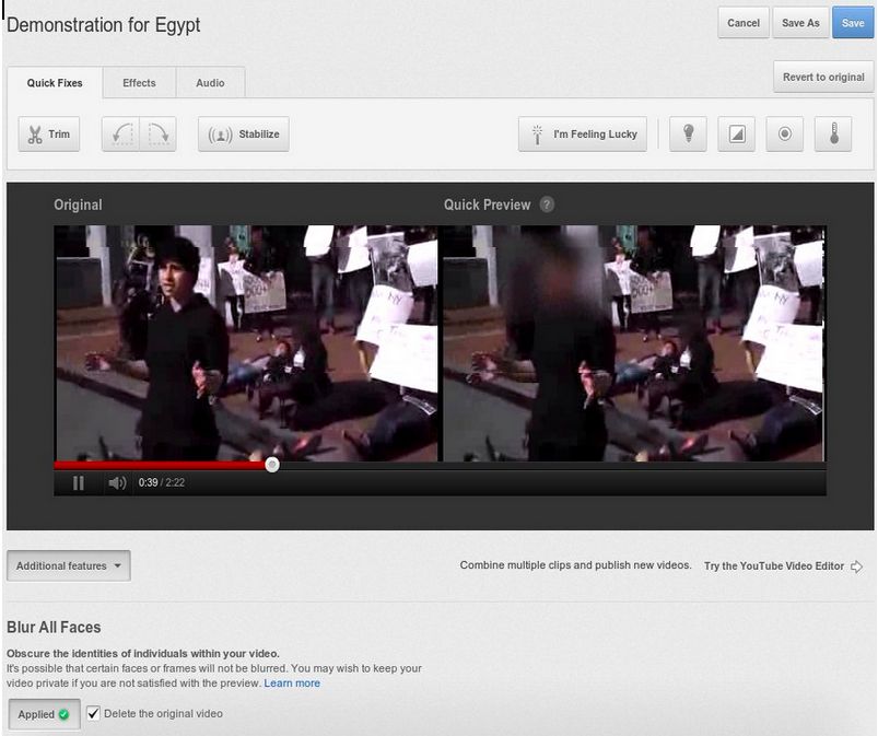 YouTube vient de mettre&nbsp;en place une technique de floutage des visages sur sa plateforme&nbsp;vidéo. Un exemple est ici présenté&nbsp;lors d'une manifestation en Égypte. © YouTube