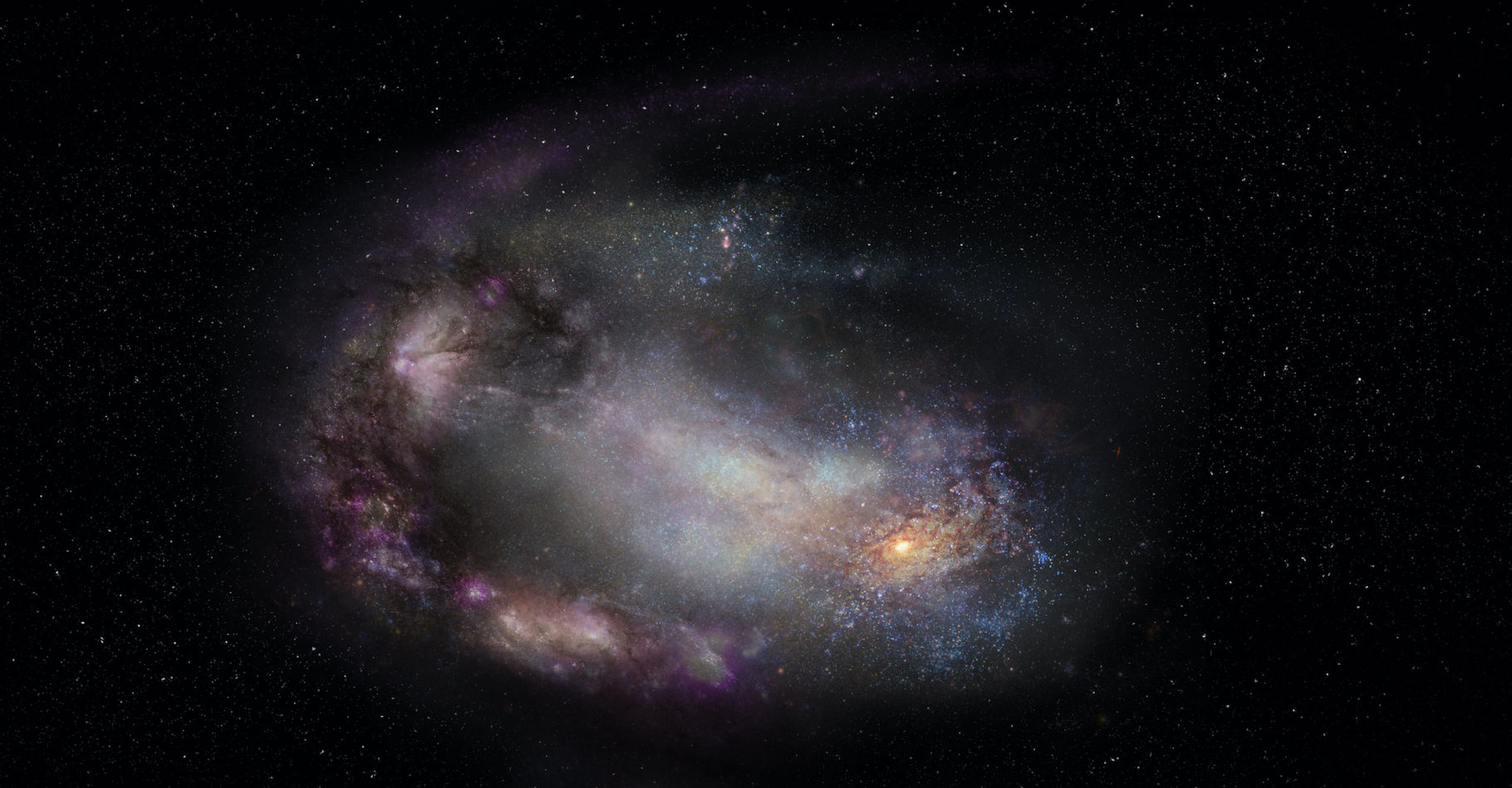 Une vue d’artiste d’une galaxie naine, probablement déformée par une interaction passée avec une autre galaxie, et un trou noir massif à sa périphérie (en bas à droite). © Sophia Dagnello, NRAO, AUI, NSF