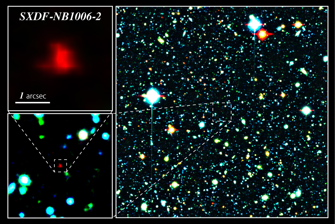 Un zoom dans le champ étudié par Subaru et le télescope XMM Newton montrant&nbsp;la galaxie&nbsp;SXDF-NB1006-2.&nbsp;©&nbsp;NAOJ