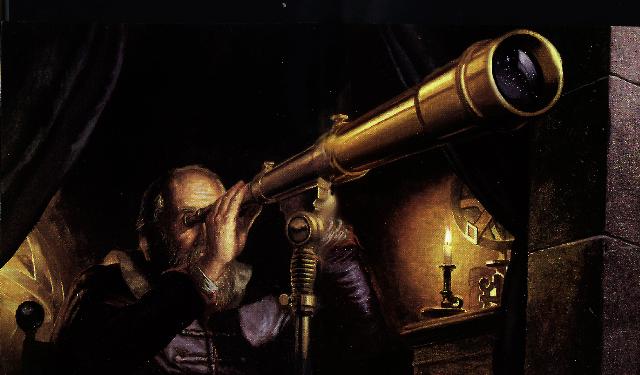 En 1610, Galilée utilisant la lunette astronomique qui portera son nom et la tournant vers le ciel. Crédit : Christian Jégou/Editions Découvertes Gallimard