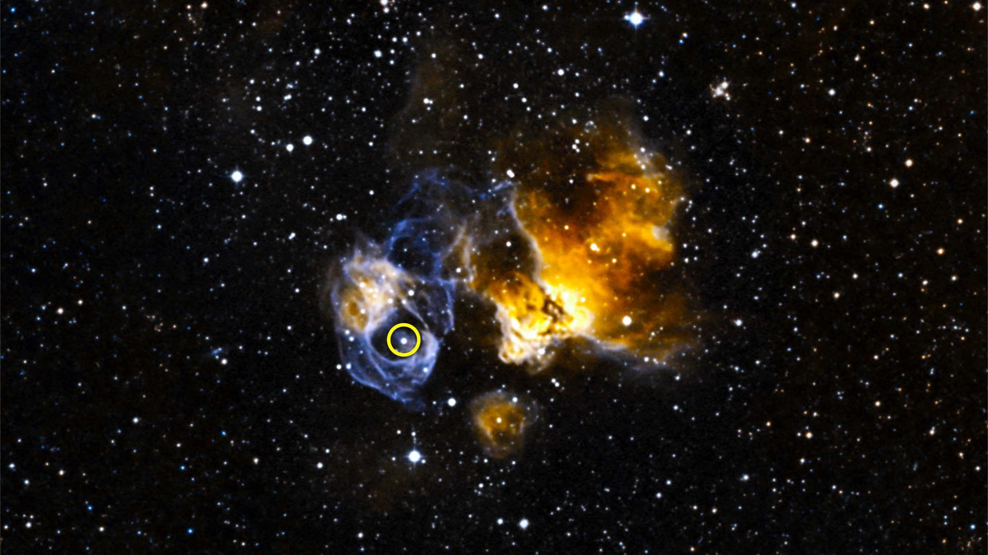 DEM L241 est un reste de supernova situé dans le Grand Nuage de Magellan. Le cercle sur cette image entoure l'étoile binaire LMC P3 qui s'est révélée être une puissante source de rayons gamma. © Nasa, Goddard Space Flight Center