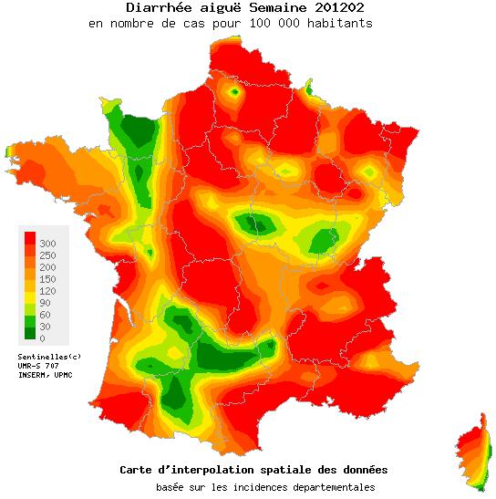 L'épidémie de gastroentérite est déclarée en France mais elle commence à reculer dans certaines régions, comme en Basse-Normandie. © Réseau Sentinelles