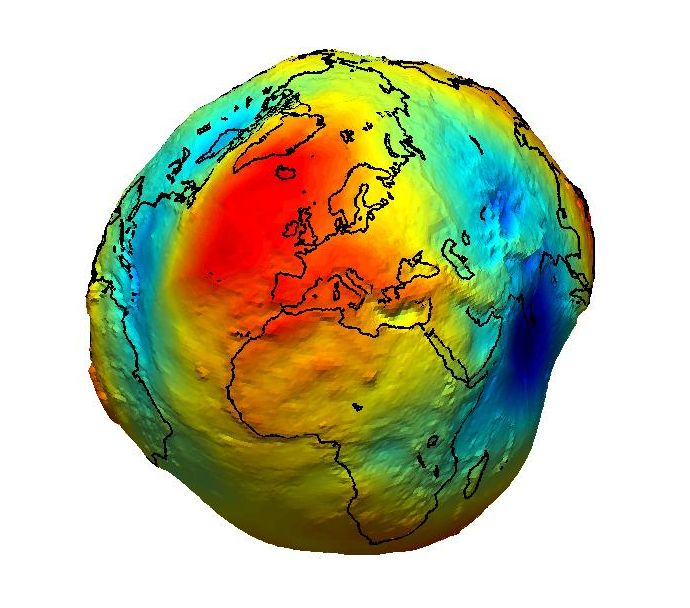 Le géoïde terrestre, avec ses creux et ses bosses, bien sûr largement agrandis. Crédit Esa