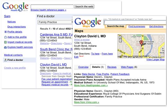 Une recherche de médecin avec le nouveau service de Google. Crédit Google