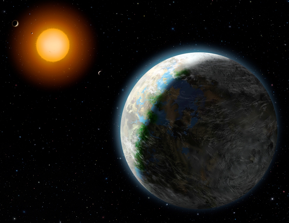 Une vue d'artiste de Gliese 581g en orbite autour de sa naine rouge. Sa période orbitale est de moins de 37 jours et selon les estimations, sa température moyenne serait comprise entre -31 et -12 degrés Celsius. © Lynette Cook
