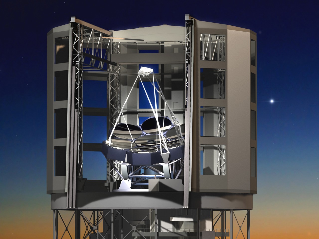 Le Giant Magellan Telescope fait&nbsp;partie des trois projets de télescopes géants. Il se compose de 7 miroirs primaires de 8,4 m de diamètre chacun qu'il faut tailler pour obtenir l'équivalent d'une surface collectrice de 24,5 m. © University of Arizona