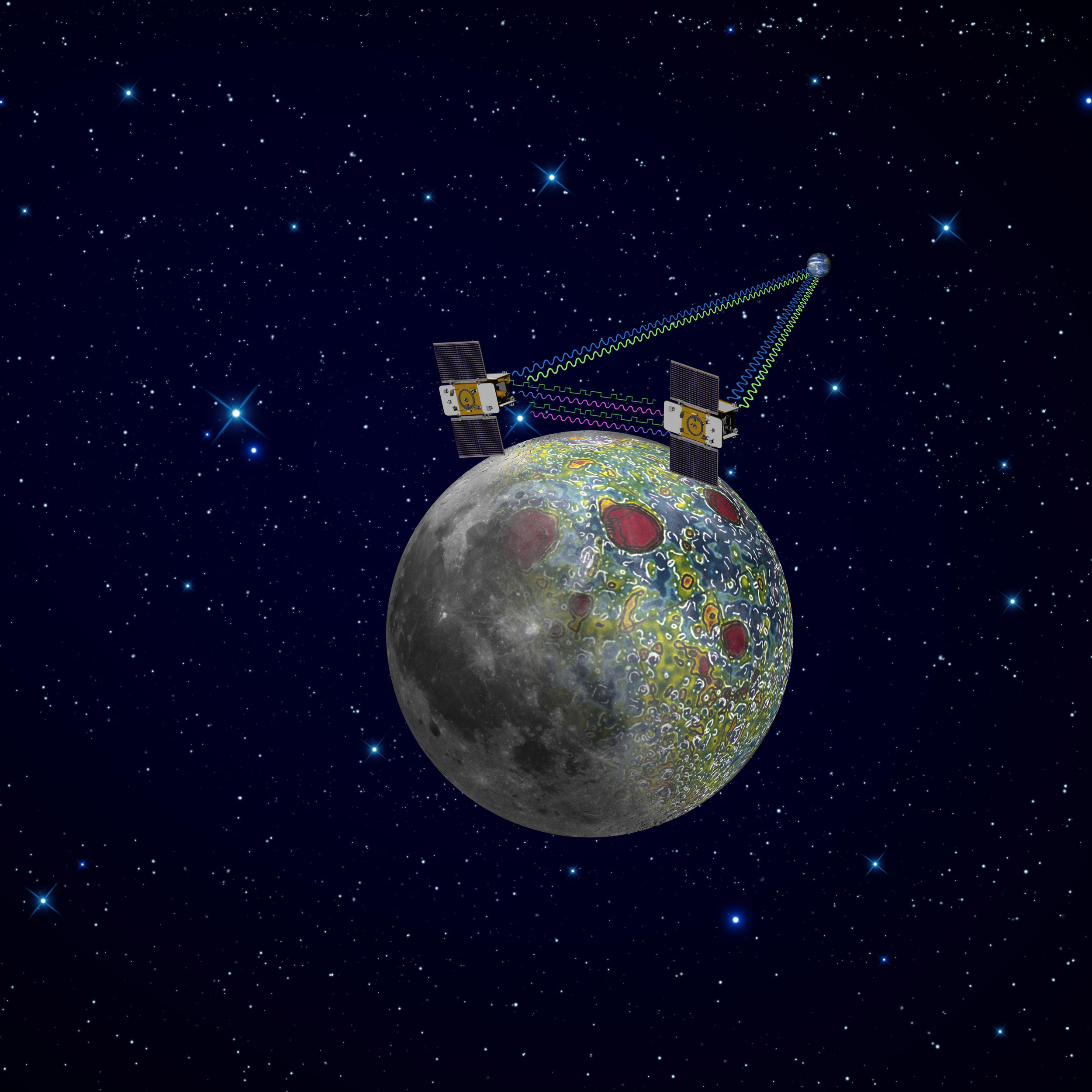 Les deux sondes de la mission Grail (Nasa) sont arrivées en orbite autour de la Lune. Elles s'apprêtent à cartographier le champ de gravité de notre satellite, ce qui permet de remonter à sa structure interne. © Nasa/JPL-Caltech