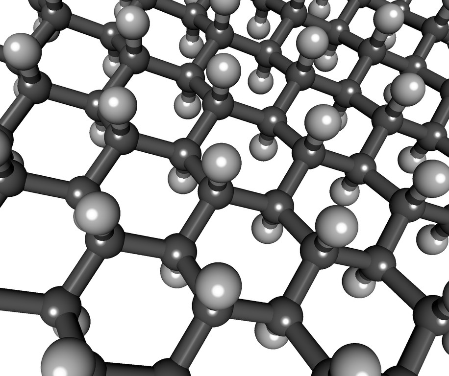 La structure en nid d'abeille d'un feuillet de graphane. Les feuillets de germanane sont similaires : seuls les atomes de carbone (en noir) sont remplacés par des atomes de germanium. © Edgar181, Wikipédia, DP