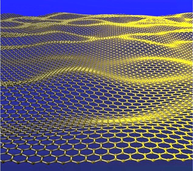 Une représentation d'artiste d'un feuillet de graphène avec la structure hexagonale des atomes de carbone formant le feuillet. © Jannik Meyer