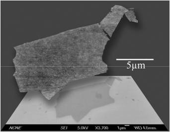 Deux images d'une plaque de graphène obtenue à l'hydrazine à l'Ucla, en novembre 2008. Celle du haut a été réalisée à l'aide d'un microscope à force atomique et celle du bas avec un microscope électronique à balayage. © Vincent Tung, Matthew Allen, Adam Stieg