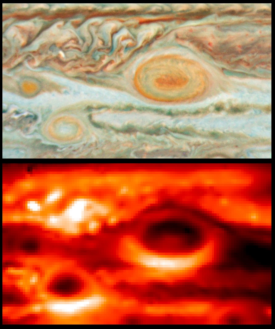 L'image du haut montre la Grande Tache Rouge et ses environs photographiés dans le visible par le télescope Hubble en mai 2008. En bas l'image réalisée au VLT avec Visir à la même époque. Crédit ESO/Nasa/JPL/Esa/L. Fletcher
