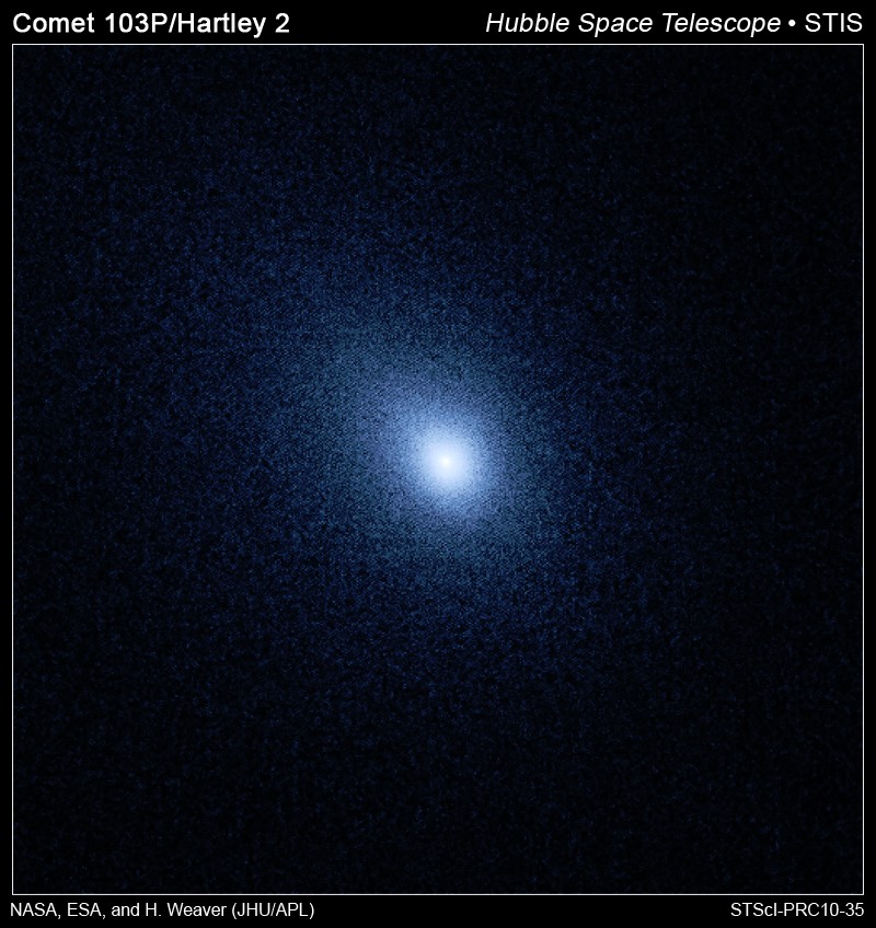 L'homogénéité de la coma de Hartley 2, vue ici par le télescope spatial Hubble, prouve qu'il s'agit d'une jeune comète très active. © Nasa/Esa/H. Weawer     
