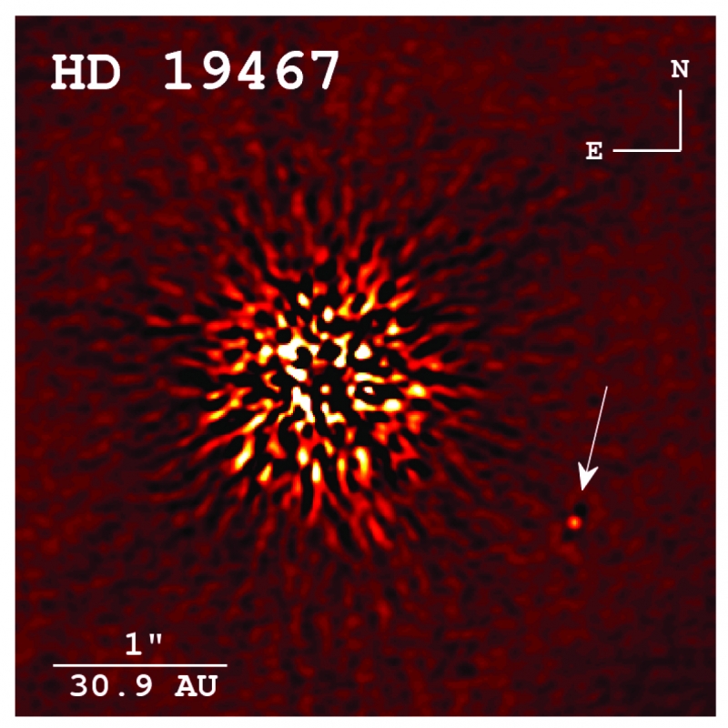 Image directe de la naine brune HD 19467 B (de type spectral T) capturée à l'observatoire Keck à Hawaï. Ce petit corps gazeux brille 100.000 fois moins que l'étoile HD 19467 (de type spectral G3 V) qu'elle accompagne. © Crepp et al., The Astrophysical Journal, 2014