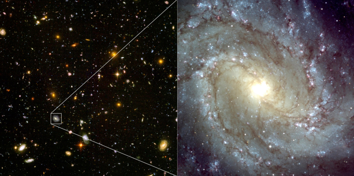 On s'attend à ce que l'E-ELT résolve les galaxies du champ profond obtenu par Hubble (HDF, Hubble Ultra Deep Field). Ces galaxies sont les premières de l'univers. © Nasa