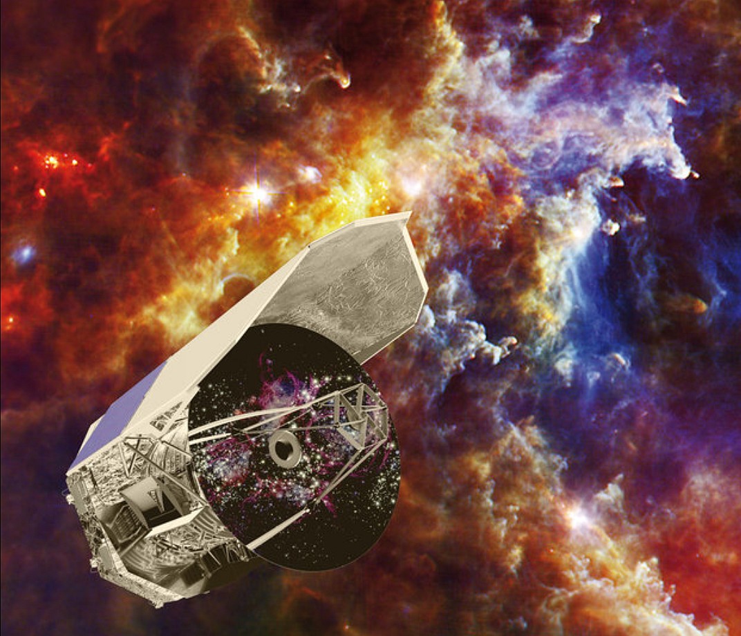 Le télescope Herschel reste à ce jour le plus grand télescope infrarouge en orbite. Sur cette vue d'artiste, il est représenté devant la nébuleuse de la Rosette. © C. Carreau, Esa