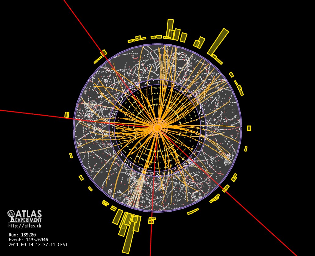 Quatre muons bien particuliers ont laissé des traces représentées en rouge dans le détecteur Atlas en 2011. Ces muons pourraient être le produit de la désintégration d'un boson de Higgs. © Cern