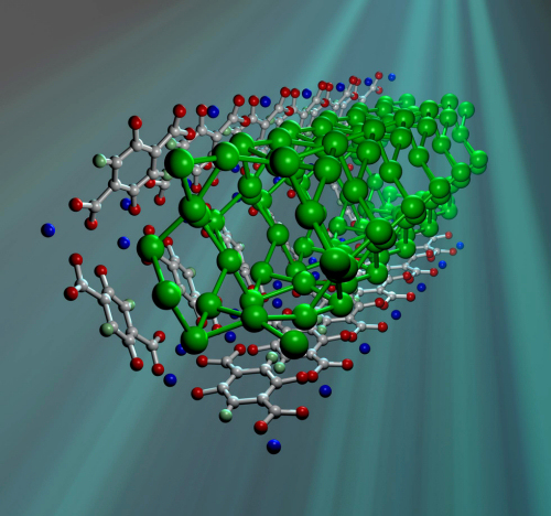 Figure 1. Molécules d'hydrogène (vert) stockées dans du MOF-74. Crédit : NIST