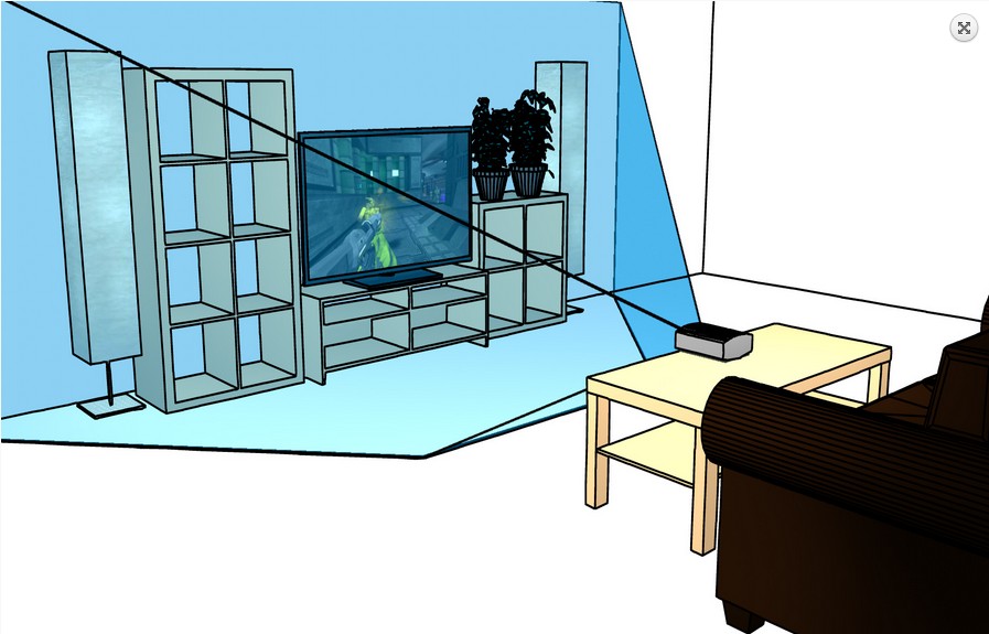 Voici une représentation du concept IllumiRoom. Sur la table de salon est posé le vidéoprojecteur associé au capteur Kinect. Ce dernier détecte les dimensions de la pièce et les couleurs, afin de calibrer le système. Le projecteur diffuse les effets sur l’intégralité du mur sur lequel se trouve le téléviseur, en adaptant les contrastes aux meubles et éléments de décor présents. © Microsoft