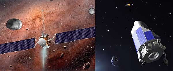 Dawn (à gauche) et Kepler dans leur configuration de vol.Montage Futura-Sciences sur des documents Nasa et JPL.