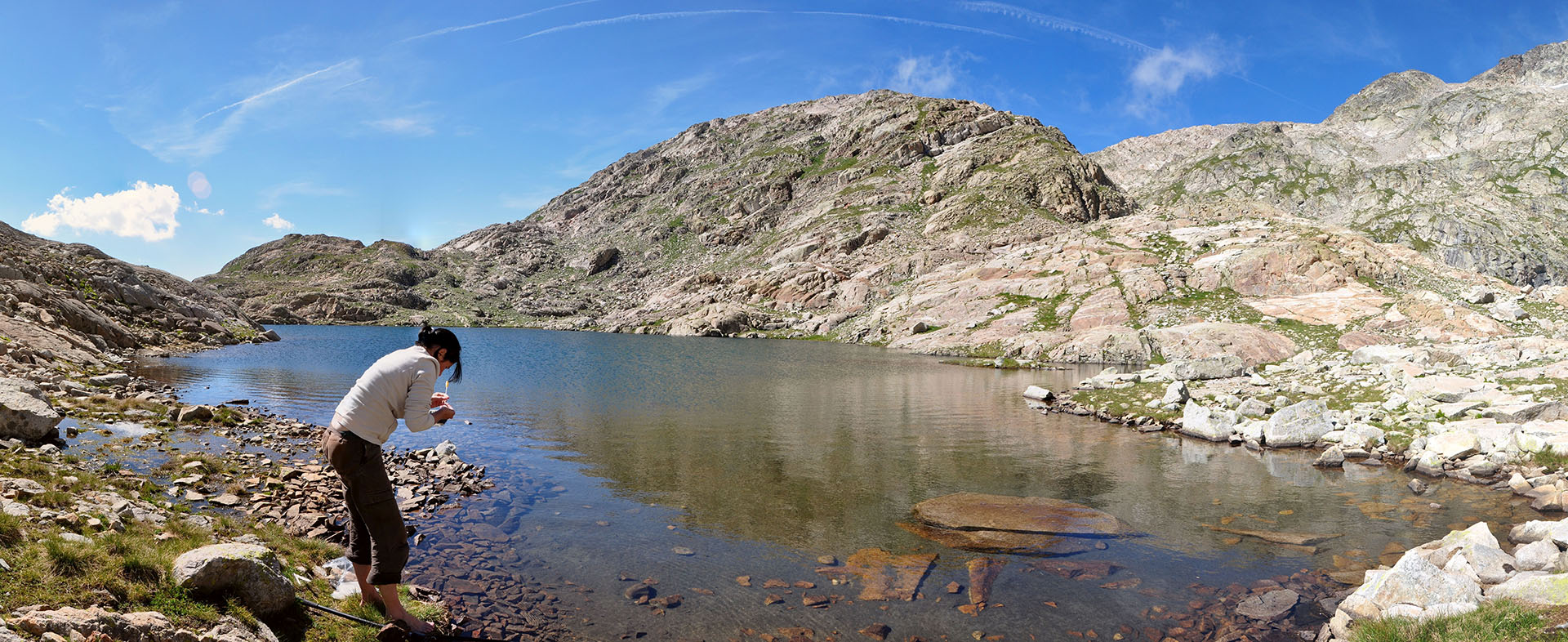 Adeline Loyau écouvillonnant des têtards d’alytes au lac de la Fache (altitude : 2 427 mètres) dans les Hautes-Pyrénées. © Dirk Schmeller, tous droits réservés