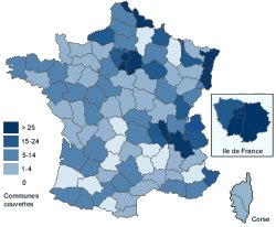 Cette carte représente le nombre de communes couvertes par la technologie ADSL en France par département.