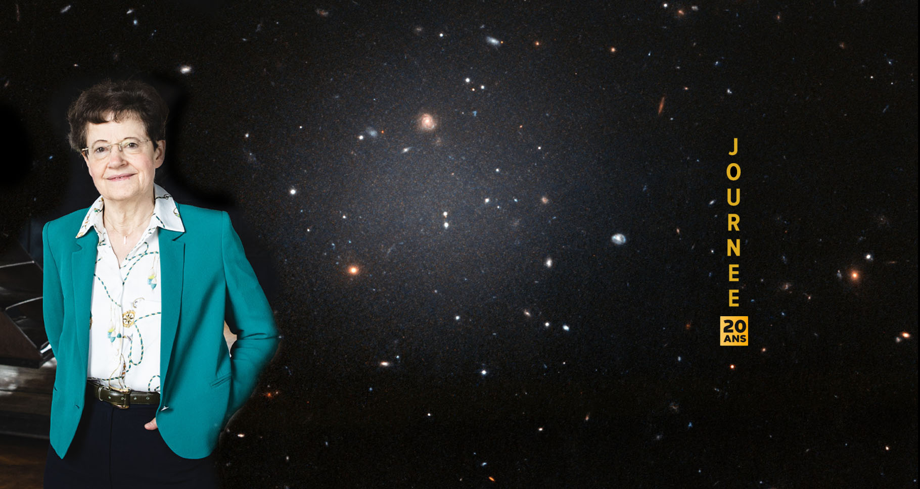 Sur ce montage photo on voit à droite de Françoise Combes la galaxie NGC 1052-DF2 qui réside dans le groupe dominé par une galaxie elliptique massive appelée NGC 1052. Cette grande galaxie à l'apparence floue est si diffuse que les astronomes peuvent voir clairement les galaxies lointaines derrière elle. Hubble a pris cette image le 16 novembre 2017 en utilisant son Advanced Camera for Surveys. © Nasa, ESA et P. van Dokkum (université de Yale)