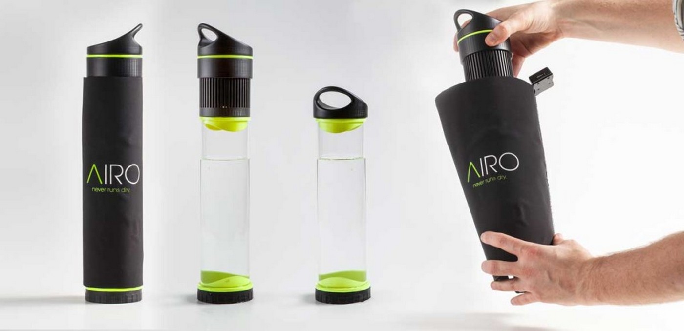 Cette bouteille est reliée à un condenseur qui capte l’humidité de l’air ambiant pour la récupérer et produire ainsi de l’eau potable. © Fontus