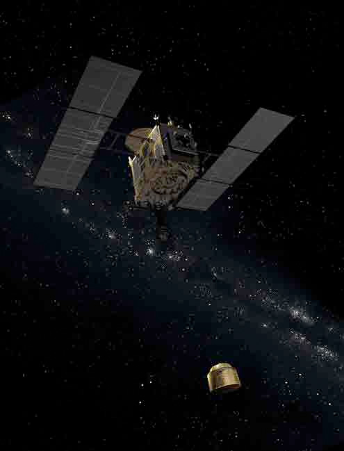 L'Agence d’exploration aérospatiale japonaise se spécialise dans l'exploration des astéroïdes du Système solaire. Après une première mission difficilement réussie, Hayabusa-1 (2003-2010), la Jaxa devrait lancer en 2014 une nouvelle sonde de retour d'échantillons. Hayabusa-2 embarquera également un&nbsp;petit lander fourni par les agences spatiales allemande et française. © Jaxa