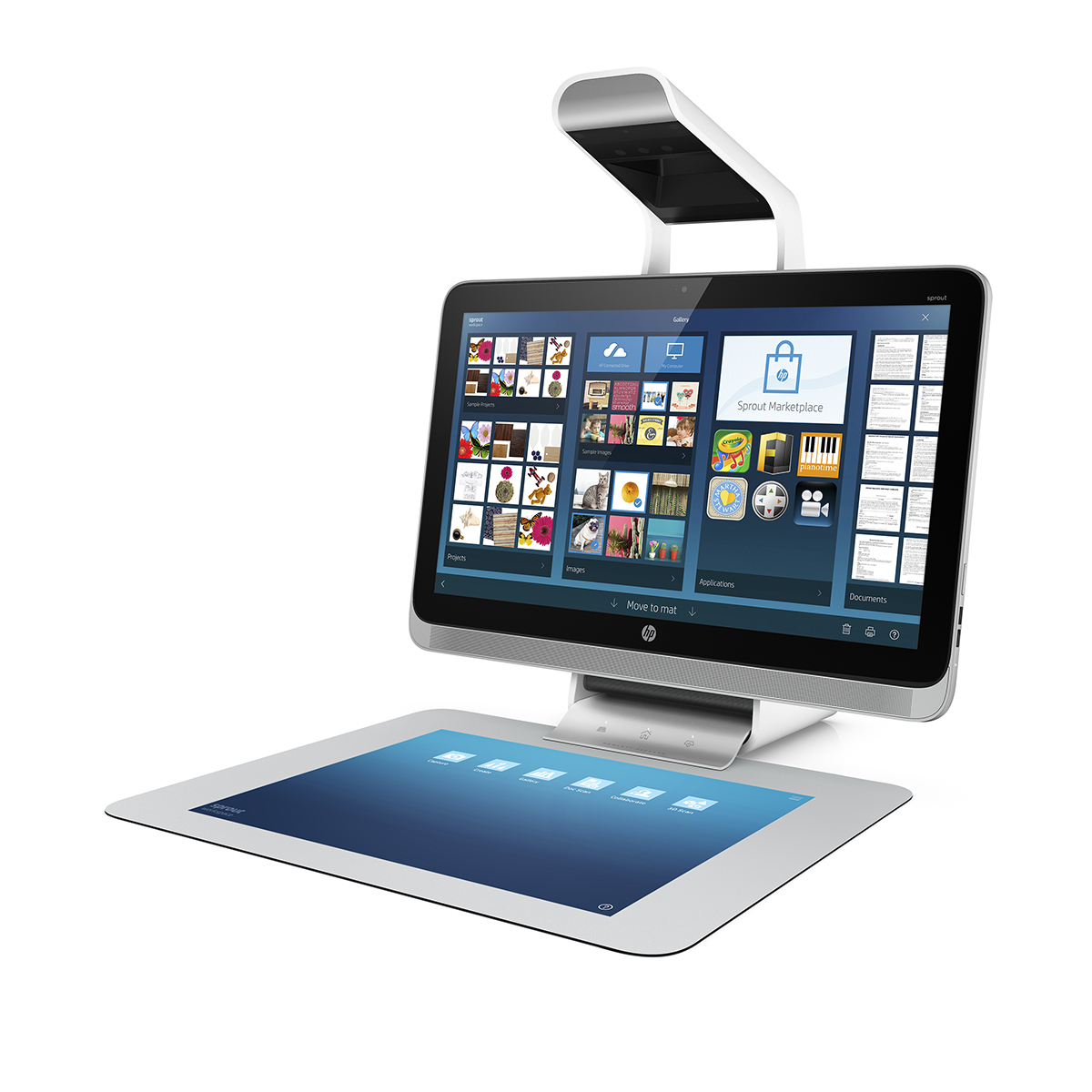 HP propose une réinterprétation du PC de bureau avec cet ordinateur dépourvu de clavier et de souris. Le module Illuminator placé au-dessus de l’écran 23 pouces (58 cm) intègre un projecteur DLP et un scanner 3D. Le système projette l’interface sur le tapis tactile pour que l’utilisateur puisse travailler avec les doigts ou un stylet, et il peut aussi scanner un objet physique en 3D placé sur le tapis. © HP