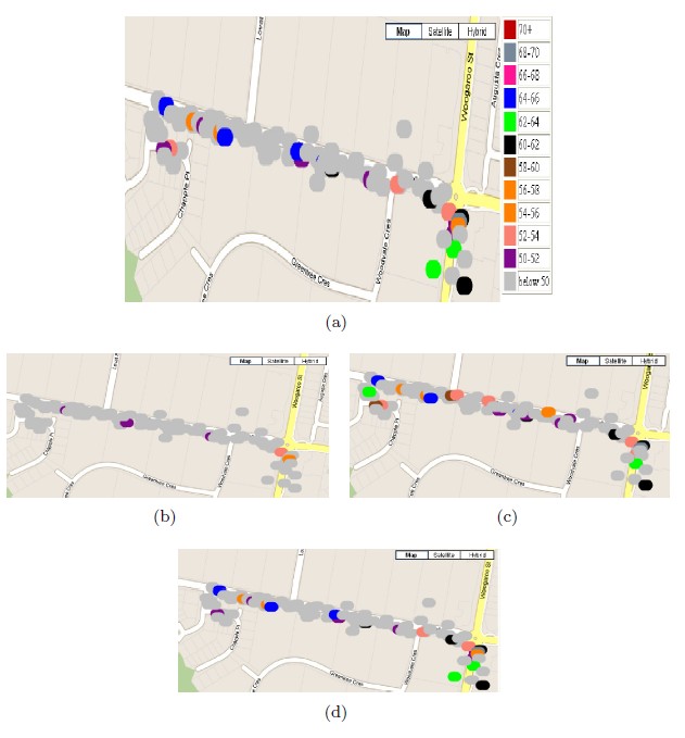 Ces différentes cartes montrent le processus de reconstitution de la pollution sonore à l’intersection d’une route. La carte (a) affiche les mesures de référence prises sur le terrain. La carte (b) montre une reconstitution effectuée avec 90 % des échantillons manquants, la (c) fait de même mais avec 50 % des échantillons manquants. Avec 30 % d’échantillons manquants, la carte (d) est la plus proche des valeurs de référence. © CSIRO