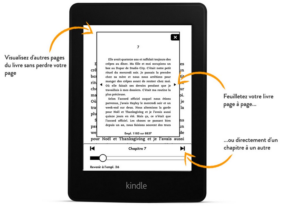 La fonction « saut de page » est une nouveauté. Elle permet de naviguer plus aisément dans un texte pour passer d’un chapitre à l’autre, consulter d’autres pages, le tout sans perdre la page sur laquelle on s’est arrêté. © Amazon 