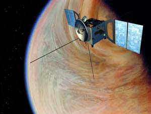 Dessin d'artiste de l'orbiteur Venus Express en orbite autour de Vénus.Crédit : ESA 2002. Illustration by Medialab