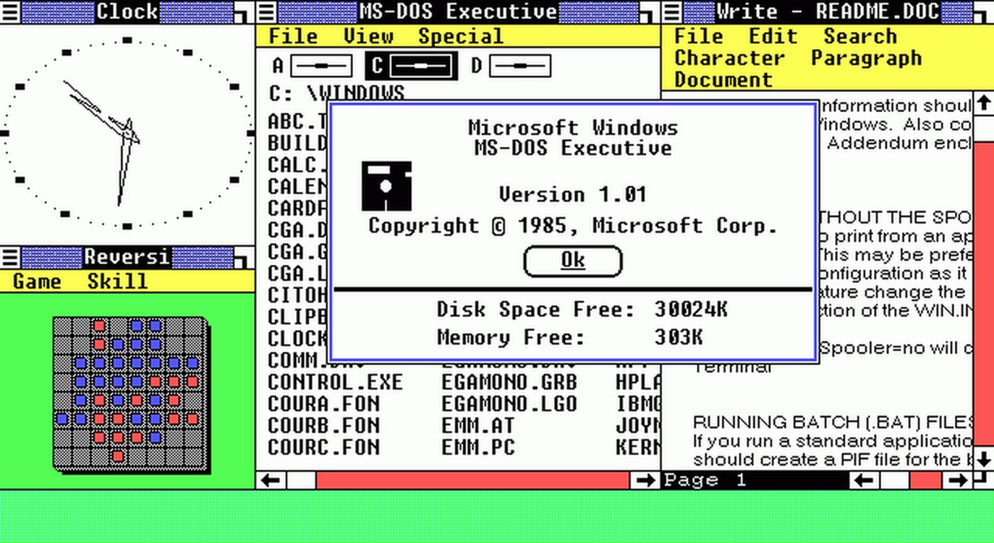 Windows 1.0 permettait de gérer son ordinateur et ses périphériques à la souris et de naviguer dans une interface graphique simplifiée. © Microsoft