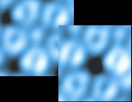 Images par microscopie à effet tunnel de configuration locales (2.2x2.2 nm2) d'une surface d'un alliage I-AlPdMn quasicristallin (L. Barbier, CEA).