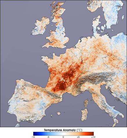 Carte de dépassement des températures moyennes en Europe durant l'été 2003.