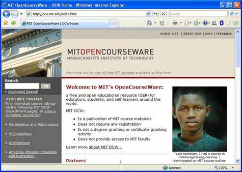 Page d'accueil du projet OpenCourseWare sur le site internet du MIT.