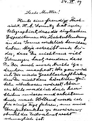 Lettre d'Einstein à sa mère lui annonçant la mise en évidence de la courbure de la lumière par le champ de gravitation du Soleil.